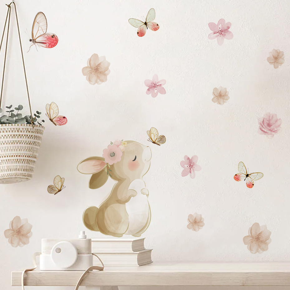 Baby Nursery Decor Girl - Coelho dos desenhos animados flores borboleta